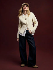 Wool-Look Round Neckline Metal Button Split Hem Jacket