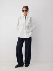Cotton-blend Long Sleeve Drawstring Blouse