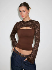 Floral Lace Stand Collar Bell Sleeve Top