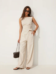 Linen-blend Boat Neck Wrap Tie Top & Mid Rise Capri Trousers Set