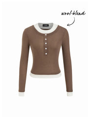 Wool-blend U-neckline Button Two Tone Long Sleeve Tee