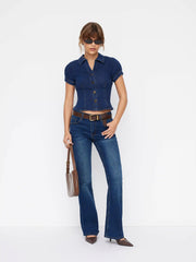 Stretch Denim Collar V-neck Short Sleeve Blouse