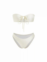 Halter Neckline Shell Detail Ruched Tie Front Bandeau Low Rise Bikini Set