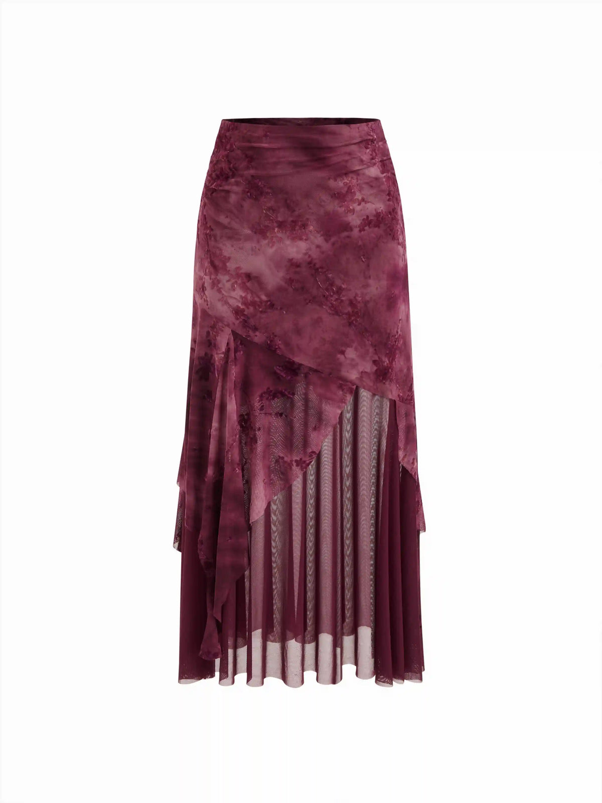 Mesh Mid Rise Floral Tie Dye Asymmetrical Hem Tulle Maxi Skirt