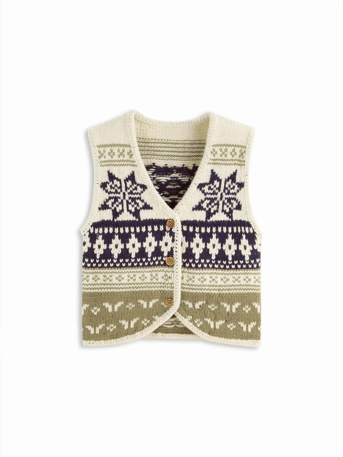 Knit V-neck Button Snowflake Fair Isle Vest