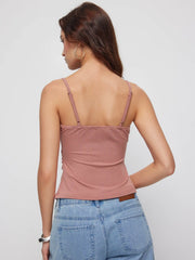 Textured Lace Panel Square Neck Ruched Cami Top