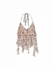 Chiffon Leopard Print Halter Neck Ruffled Knotted Crop Blouse