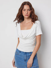 High Stretch Cowl Neck Ruched Short Sleeve Top