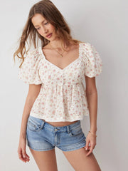 Cotton-blend Floral Sweetheart Lace Trim Puff Sleeve Cropped Blouse