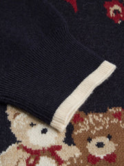 Knit Round Neckline Bear Bowknot Contrasting Binding Long Sleeve Top