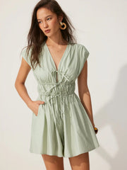 Cotton-blend V-neck Shirred Waist Mid Rise Romper