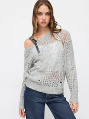 Knit Asymmetrical Neck Buckle Long Sleeve Oversized Top