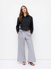 Collar Long Sleeve Button Shirred Cinched Waist Shirt