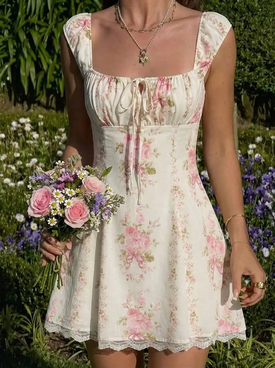Square Neck Floral Knotted Mini Dress