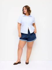 Stretch Denim Washed Mid Rise Roll Hem Shorts With Belt Curve & Plus