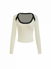 Knit Contrasting Binding Scoop Neckline Long Sleeve Top