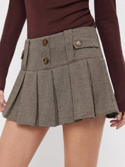 Jacquard Low Rise Houndstooth Pleated Mini Skort With Button Detail