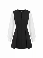 Cotton V-Neck Colorblock Pleated Zipper Lantern Sleeve Mini Dress