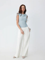 Textured Cowl Neck Drawstring Ruched Sleeveless Bodysuit