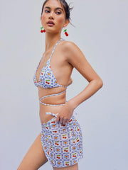 Halter Cherry Tie Side Bikini Swimsuit With Sarong
