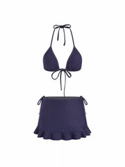 Cotton-blend Halter Neckline Triangle Tie Side Bikini Set With Ruffle Skirt