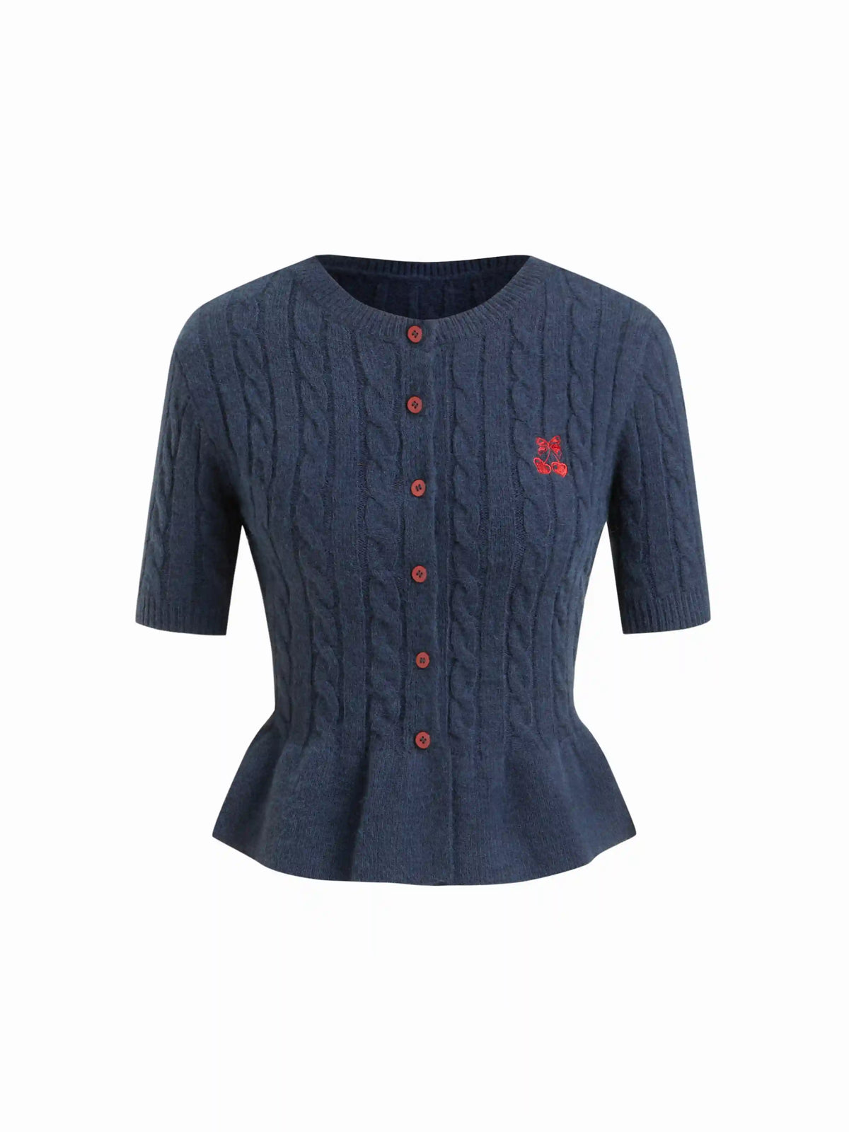 Cable Knit Cherry Embroidery Round Neckline Ruffled Hem Top
