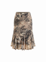 Mesh Leopard Mid Rise Bowknot Ruffle Hem Midi Skirt