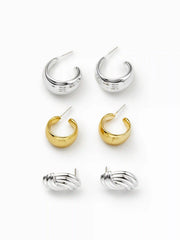 3 PAIRS C-SHAPED HOOP EARRINGS