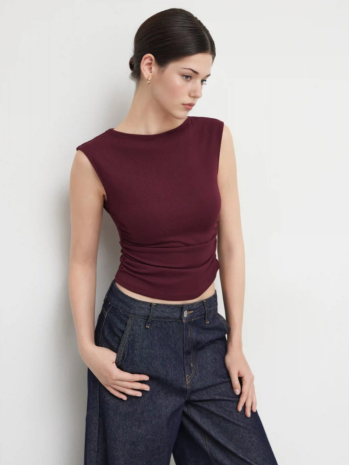Boat Neck Solid Ruched Tank Top