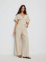 Linen-blend Mid Rise V-neck Ruched Wide Leg Jumpsuit