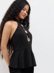Halter Neckline Shell Metal Detail Ruffle Hem Top