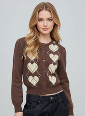 Knit Argyle Heart Pattern Button Cardigan