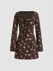 Square Neck Floral Knotted Mini Dress