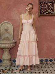 Cotton-blend Sweetheart Lace Panel Flared Maxi Dress