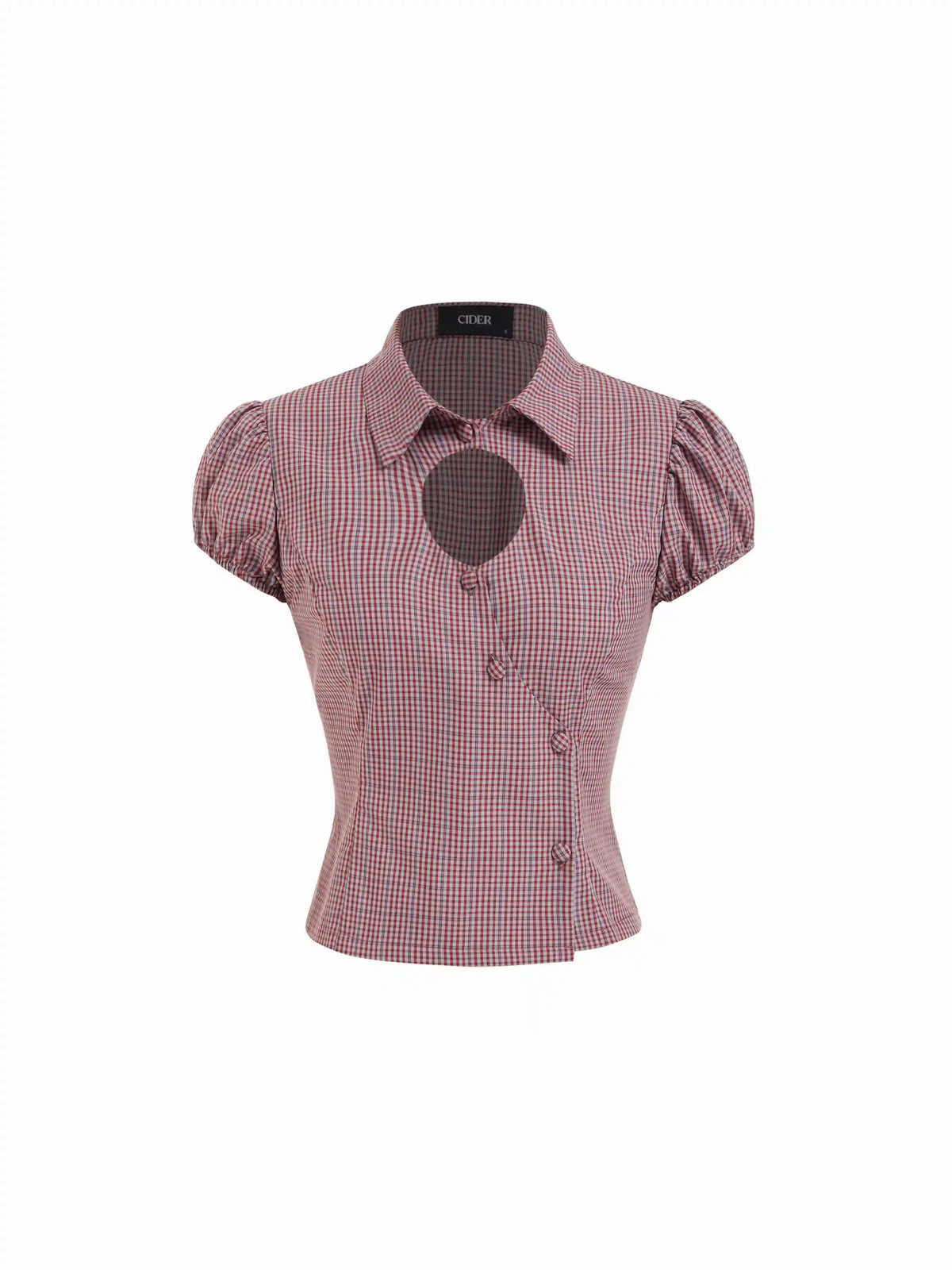 Cotton-blend Gingham Puff Sleeve Cut Out Blouse