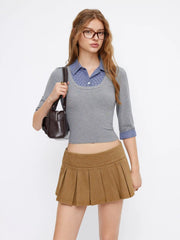 Collar Check Patched Button Short Sleeve Top