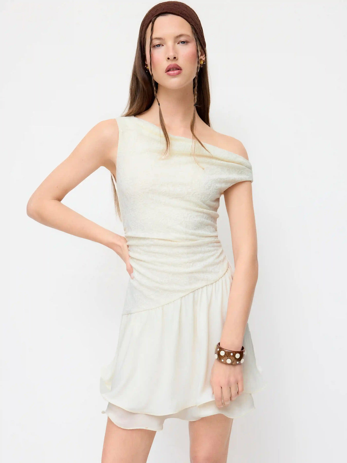 Asymmetrical Neck Paisley Lace Ruched Flared Mini Dress