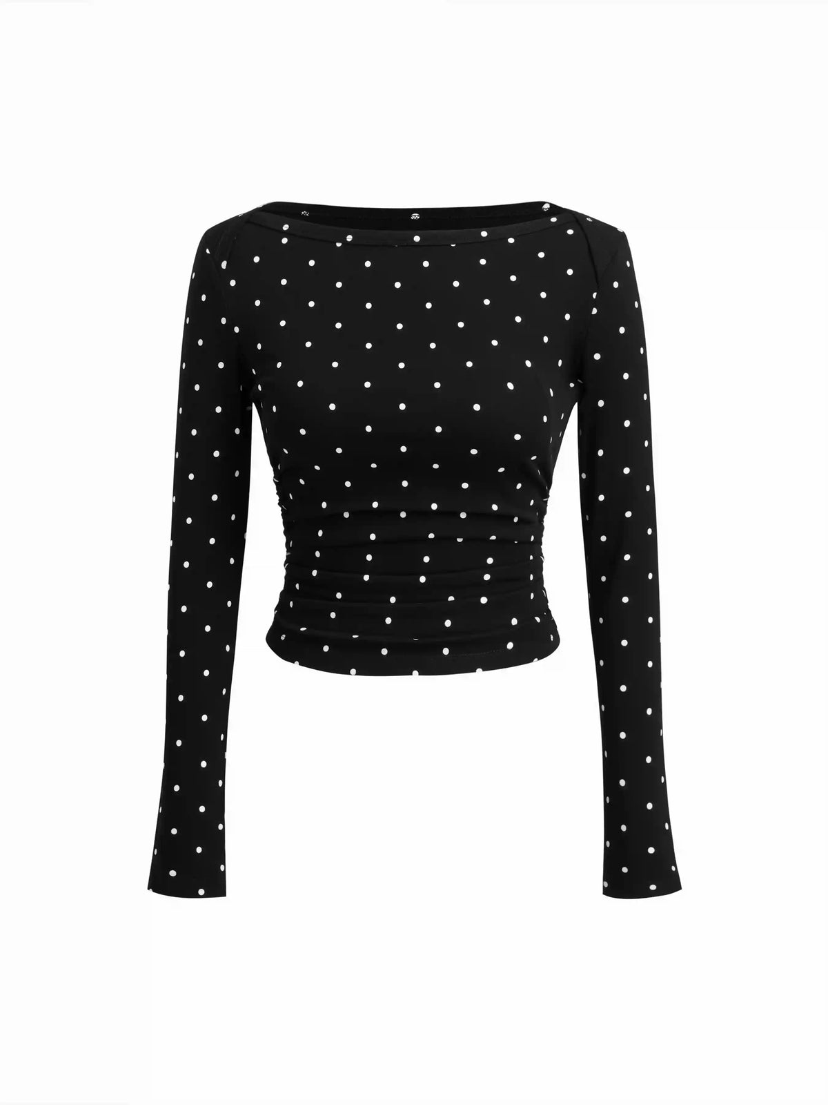 Cotton-blend Polka Dot Boat Neck Long Sleeve Ruched Top