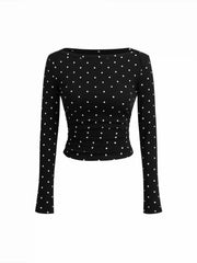 Cotton-blend Polka Dot Boat Neck Long Sleeve Ruched Top