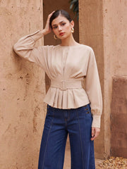 Round Neck Lantern Sleeve Pleated Peplum Blouse With Belt