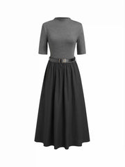 Cotton Stand Collar Two Tone Flared Mid-length Sleeve Maxi Dress With Belt