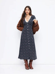 Floral V-neck Short Sleeve Lace Trim Button Maxi Dress