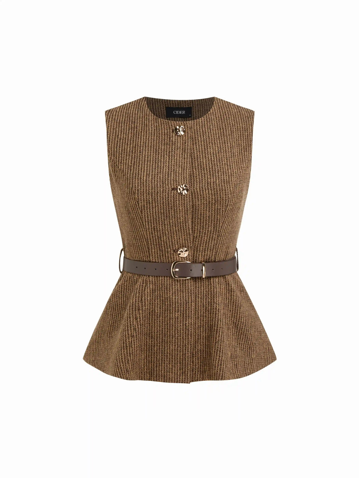 Wool-look Metal Button Round Neckline Blazer Vest With Belt