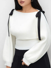 Knit Boat Neck Bowknot Sweater Curve & Plus