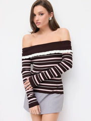 Knit Off-Shoulder Striped Ruffled Top