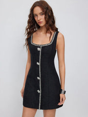 Tweed U-neckline Rhinestone Button A-line Mini Dress