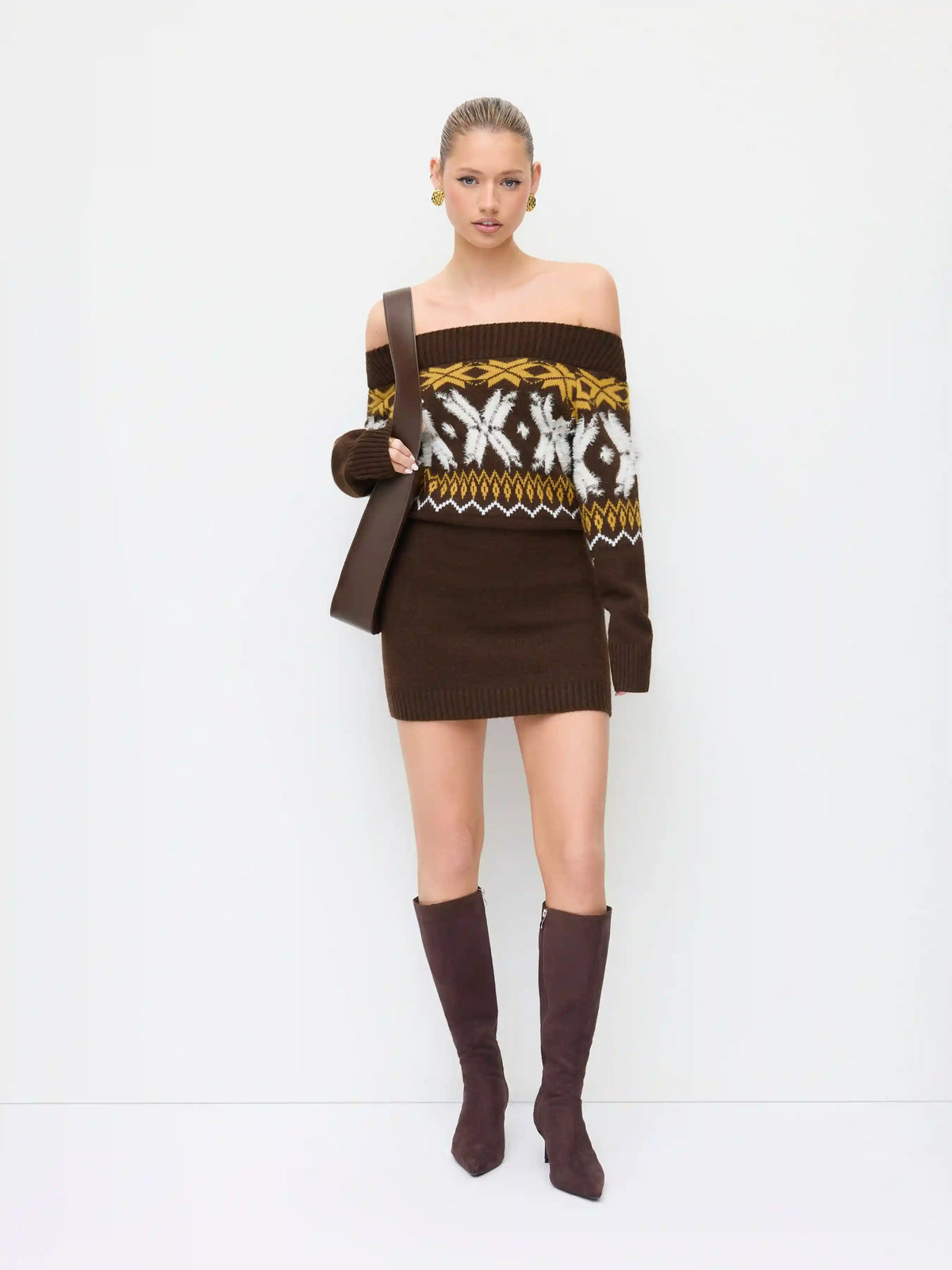 Knit Fair Isle Off-shoulder Mini Dress