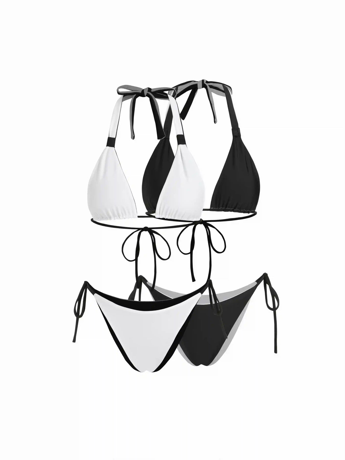 Colorblock Reversible Halter Neck Ruched Tie Side Triangle Bikini Set