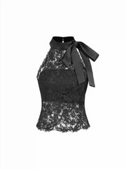 Cotton-blend Lace Halter Neckline Bowknot Top & Bandeau