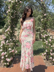 Mesh Floral Ruffled Bobycon Cami Maxi Dress